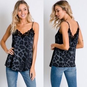 NWT Satin + Lace Cami | Med | Navy / Black Leopard Print |